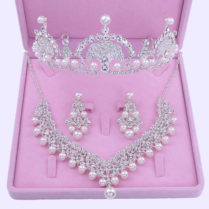 New Design Bridal Crystal Crown Pageant Tiara With Necklace And Earrings Pearl Wedding Jewelry Set